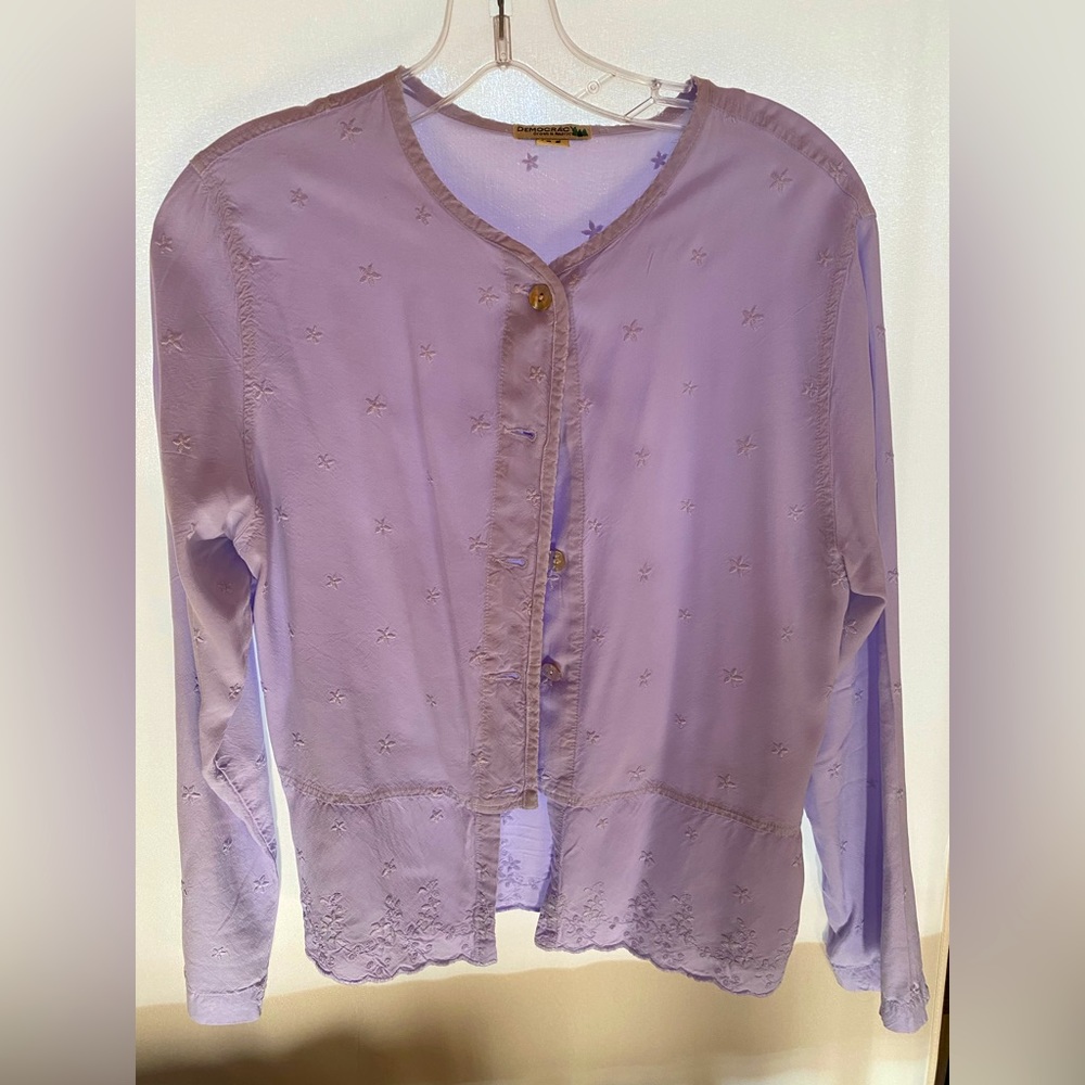 Democracy brand. Purple lightweight jacket. 56% Tencel, 44% nylon.